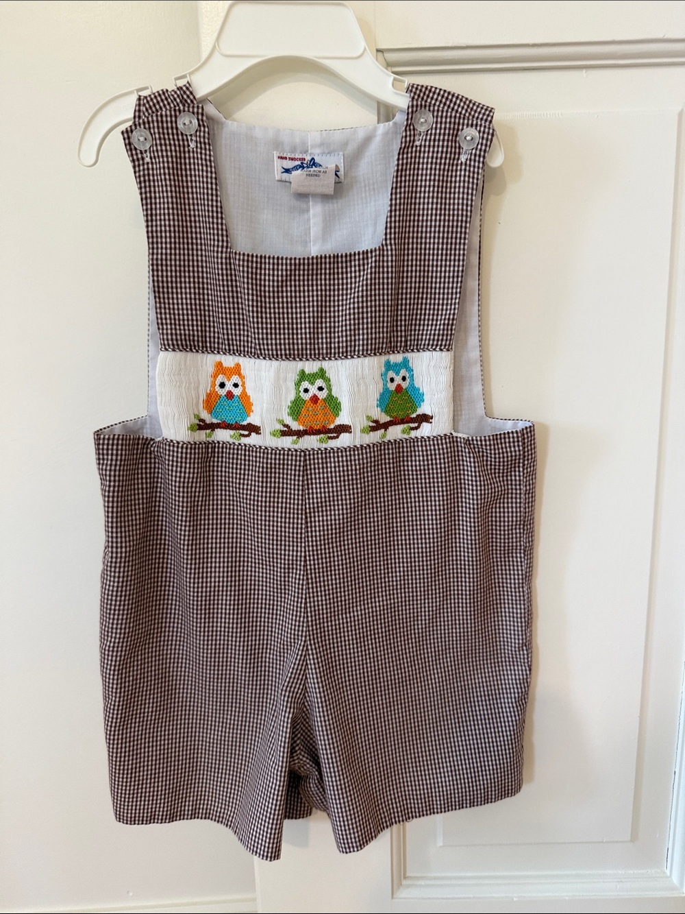 Smocked Owl Gingham Shortalls - Brown